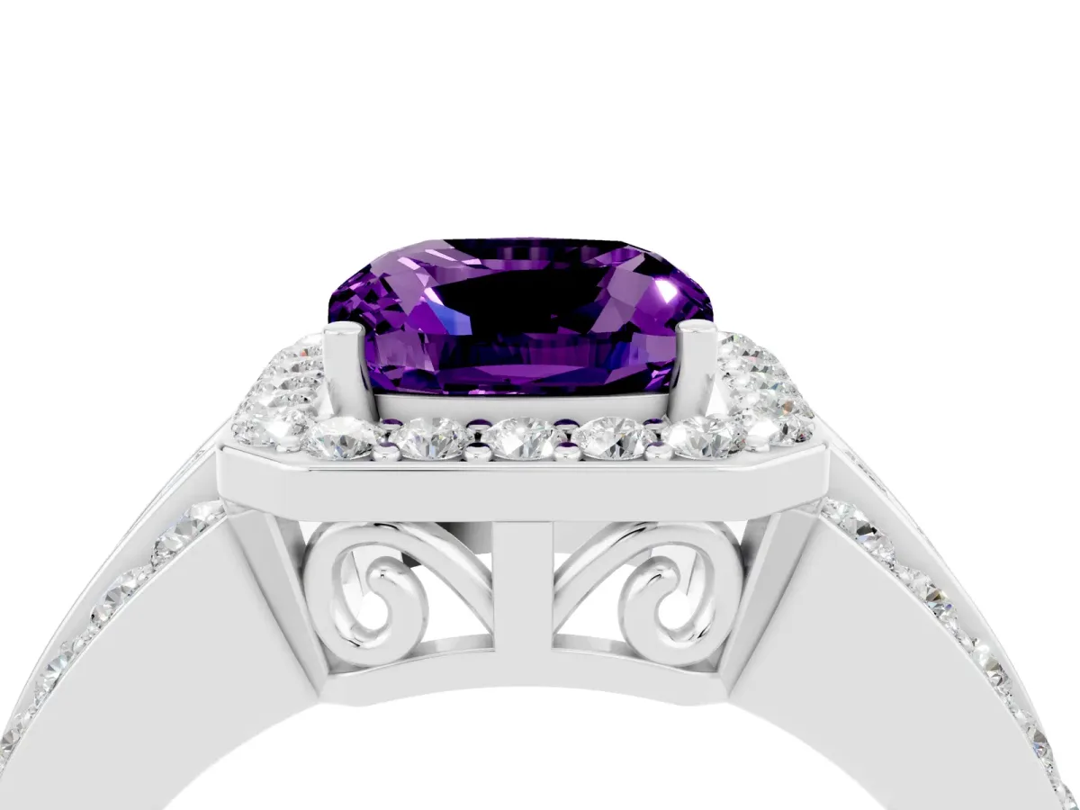 Cushion Cut Halo Amethyst Ring with Round Split Shank and Prong Setting Platinum