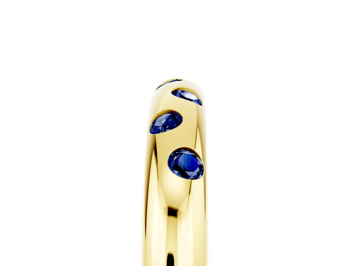 Round Blue Sapphire Flush-Set Comfort Fit Band Yellow gold
