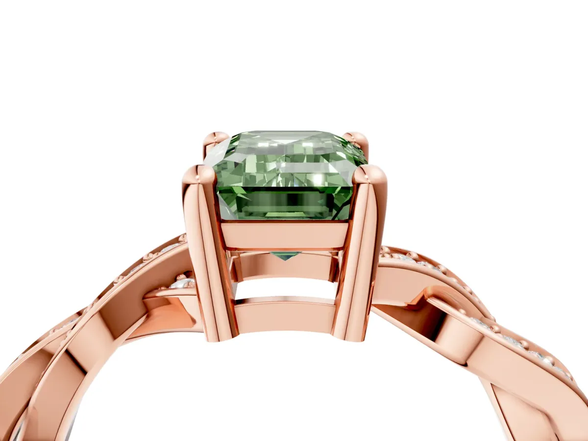 Fancy Green Emerald Cut Cut Twisted Pavé Band Solitaire Ring with Four-Prong Setting Rose gold