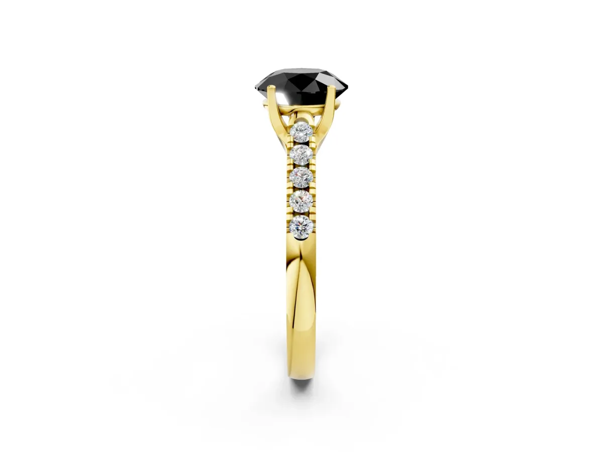 Fancy Black Round Cut Diamond Pavé Band Solitaire Ring with Prong Setting Yellow gold