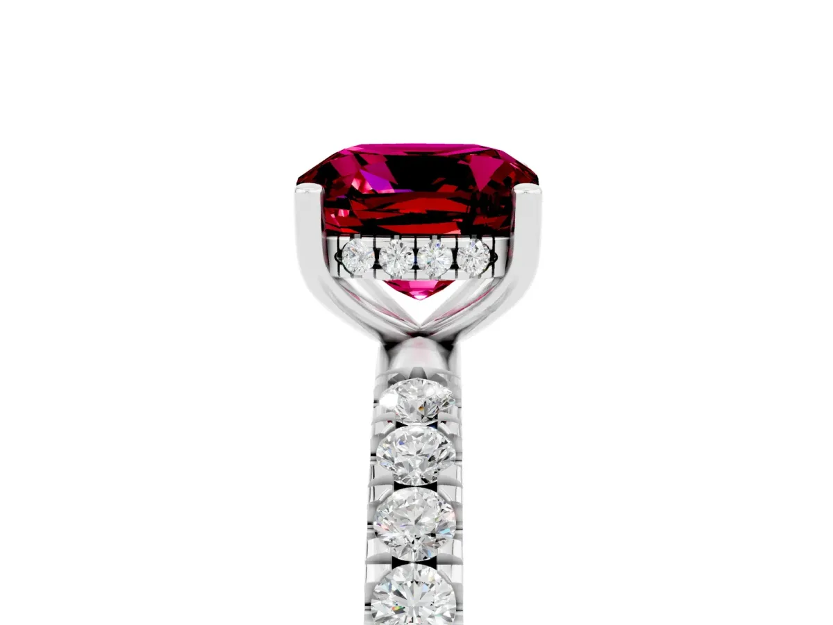 Cushion Cut Garnet Pave Band Solitaire Ring with Round and Prong Setting Platinum