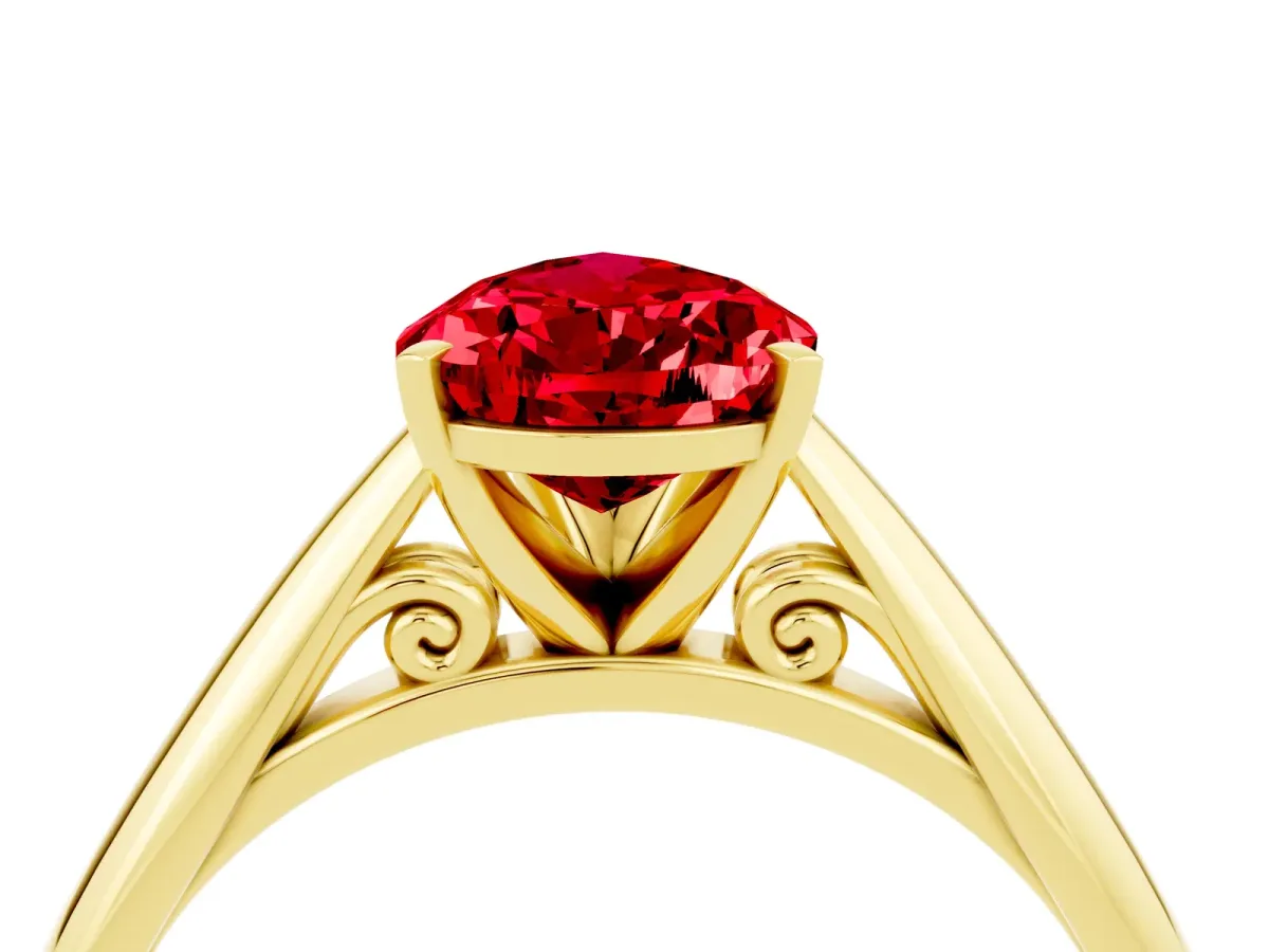 Pear Cut Ruby Solitaire Engagement Ring with Cathedral Setting and Four-Prong Mount Yellow gold