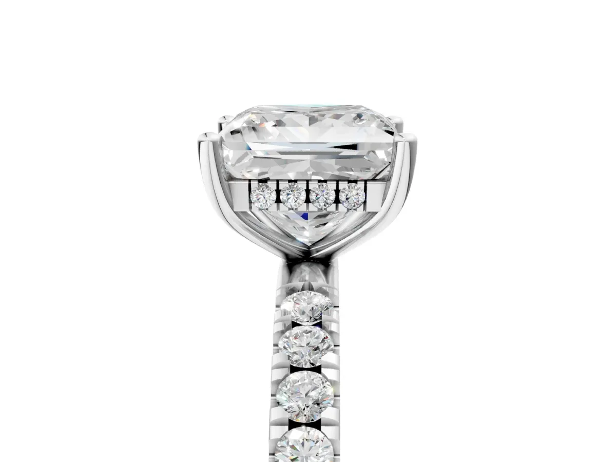 Princess Cut Diamond Pave Band Solitaire Ring with Round Moissanite and Prong Setting Silver