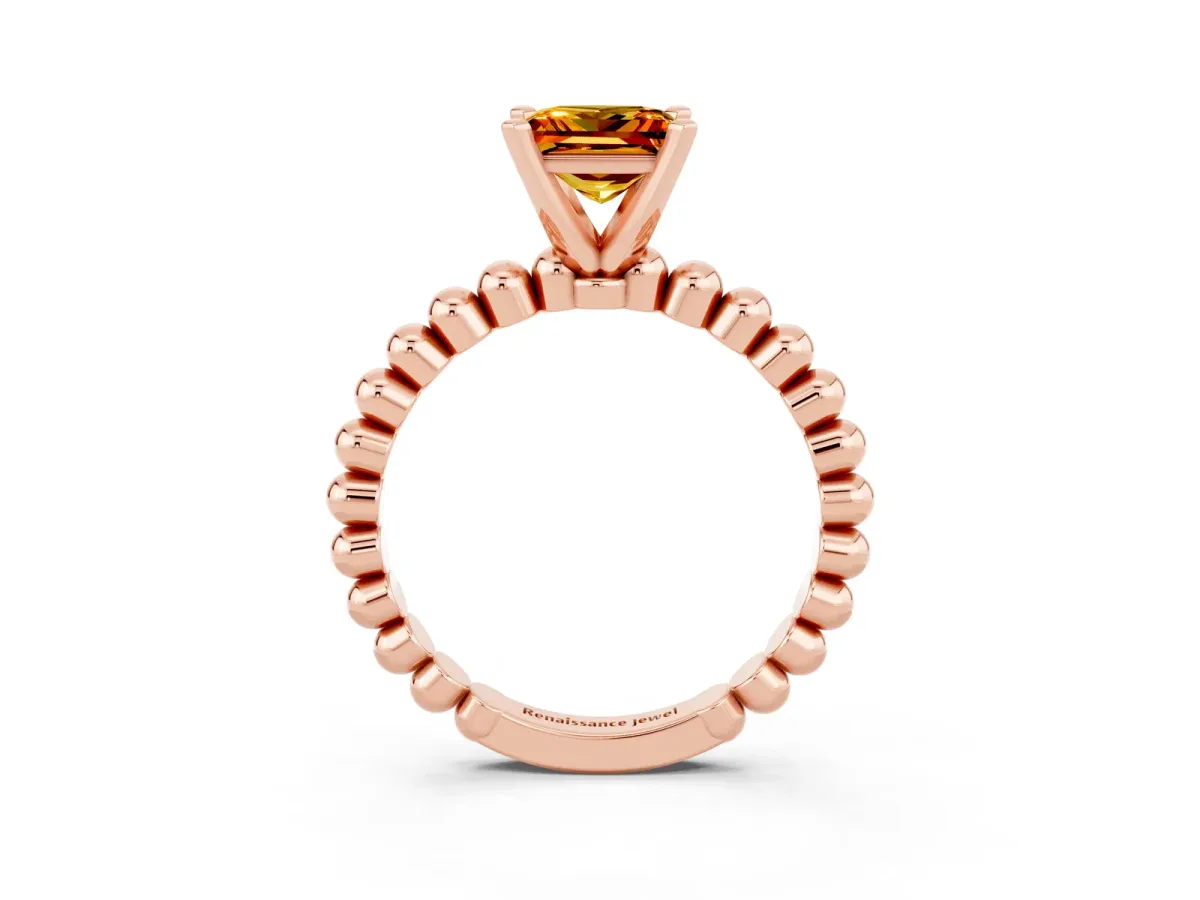 Princess Cut Citrine Solitaire Ring with Beaded Band and Prong Setting Rose gold