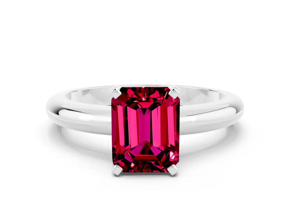 Emerald Cut Garnet Solitaire Engagement Ring with Round Band and Four-Prong Setting Silver
