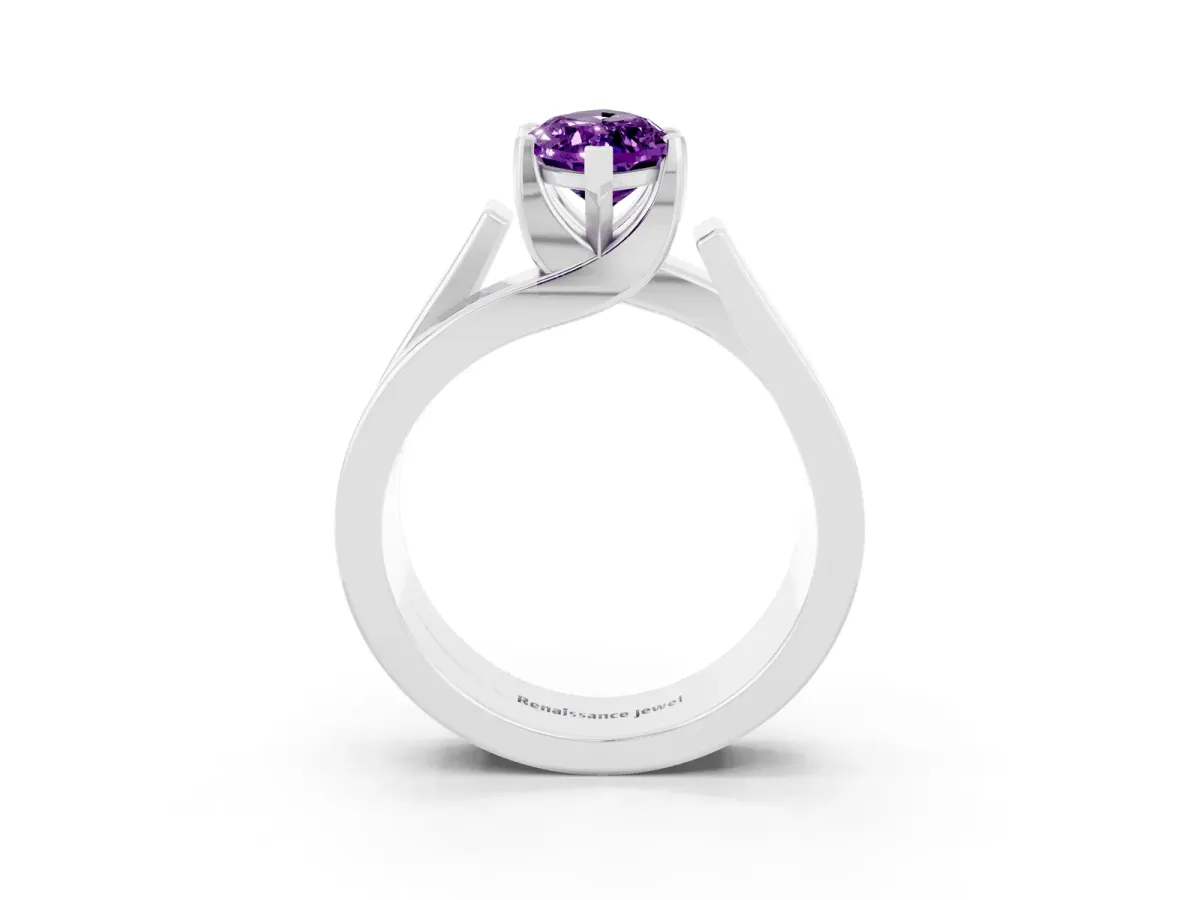 Modern Tension Set Marquise Cut Amethyst Solitaire Wide Band Ring Silver