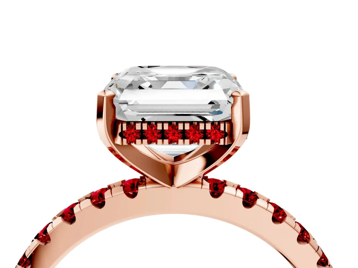 Asscher Cut Diamond Solitaire Ring with Round Ruby Pavé Band and Four-Prong Setting Rose gold
