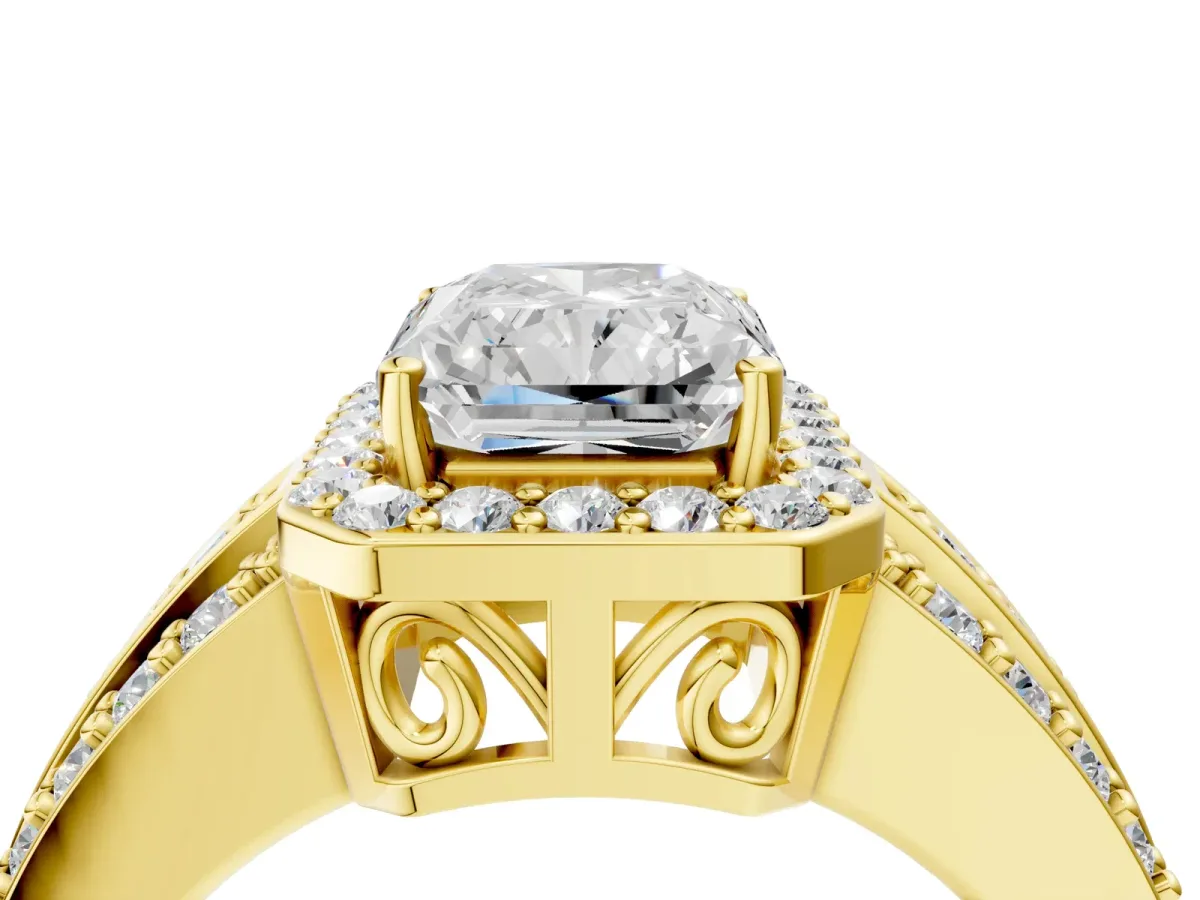 Radiant Cut Halo Diamond Ring with Round Split Shank and Prong Setting Yellow gold