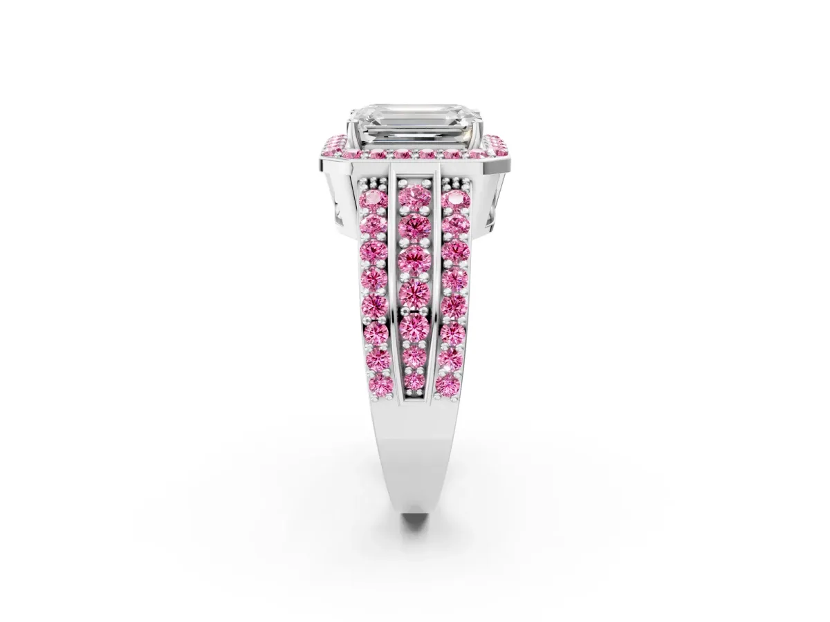 Emerald Cut Halo Diamond Ring with Round Pink Sapphire Split Shank and Prong Setting Platinum