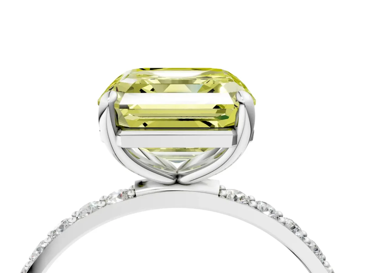 Fancy Yellow Asscher Cut Diamond Solitaire Ring with Round Pavé Band and Prong Setting Silver