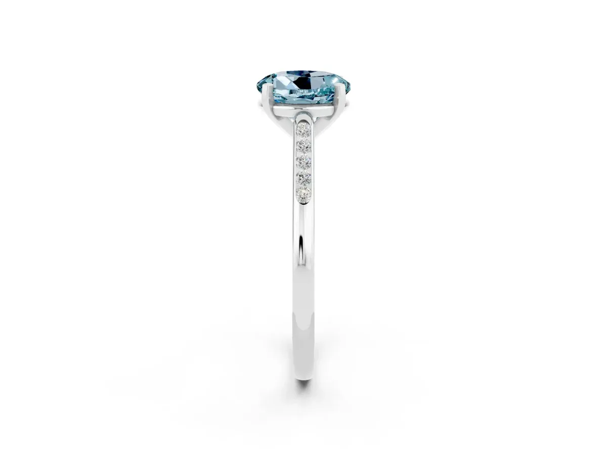 Round Cut Aquamarine Solitaire Ring with Channel Set Round Band and Prong Setting Silver