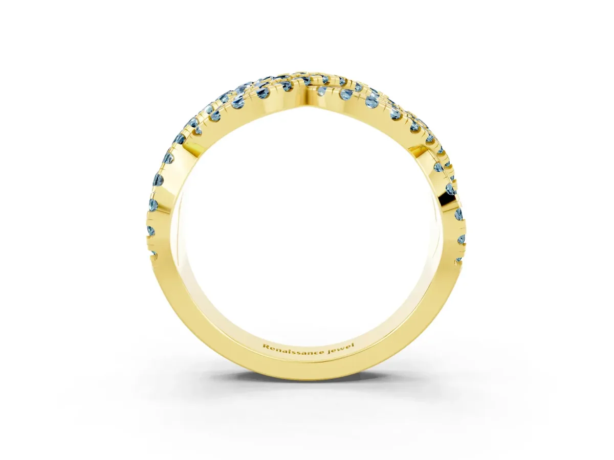 Pavé Round Aquamarine Infinity Twist Band with Shared Prong Setting Yellow gold