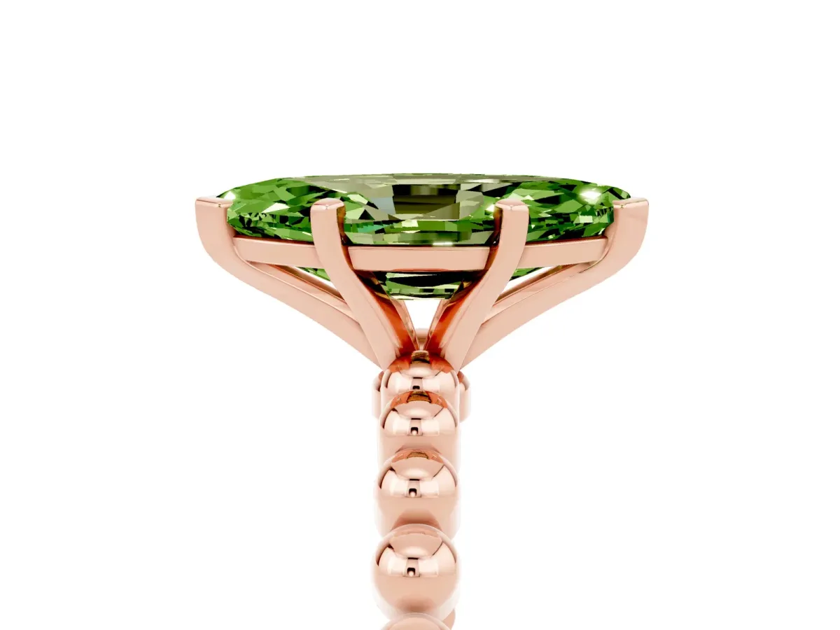 Marquise Cut Peridot Solitaire Ring with Beaded Band and Prong Setting Rose gold