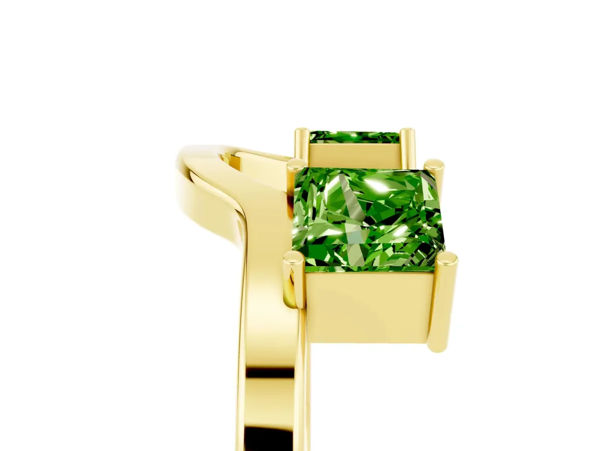 Princess Cut Peridot Two-Stone Open Band Ring with Four-Prong Setting Yellow gold