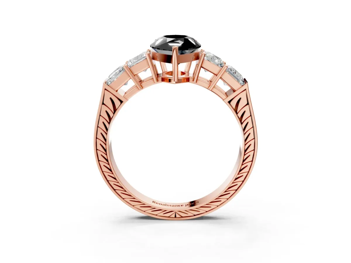 Fancy Black Pear Cut Solitaire Princess Side Stone Engraved Band Prong Setting Ring Rose gold