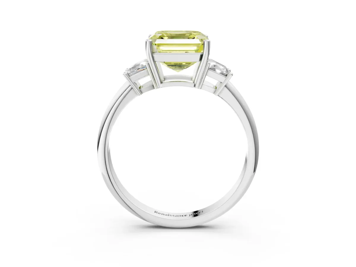 Fancy Yellow Asscher Cut Diamond Three-Stone Ring with Trapezoid Side Stones and Prong Setting Platinum