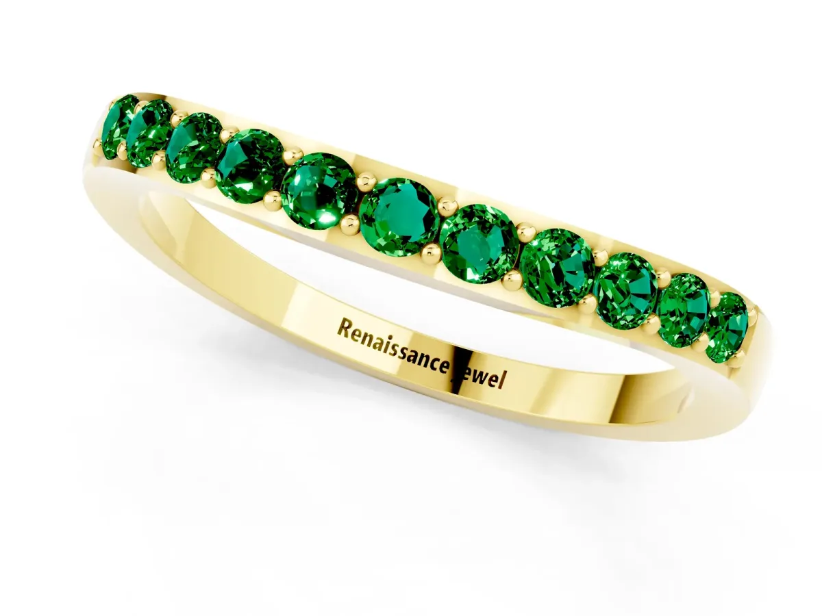 Round Emerald Curved Wedding Band with Channel Setting Yellow gold