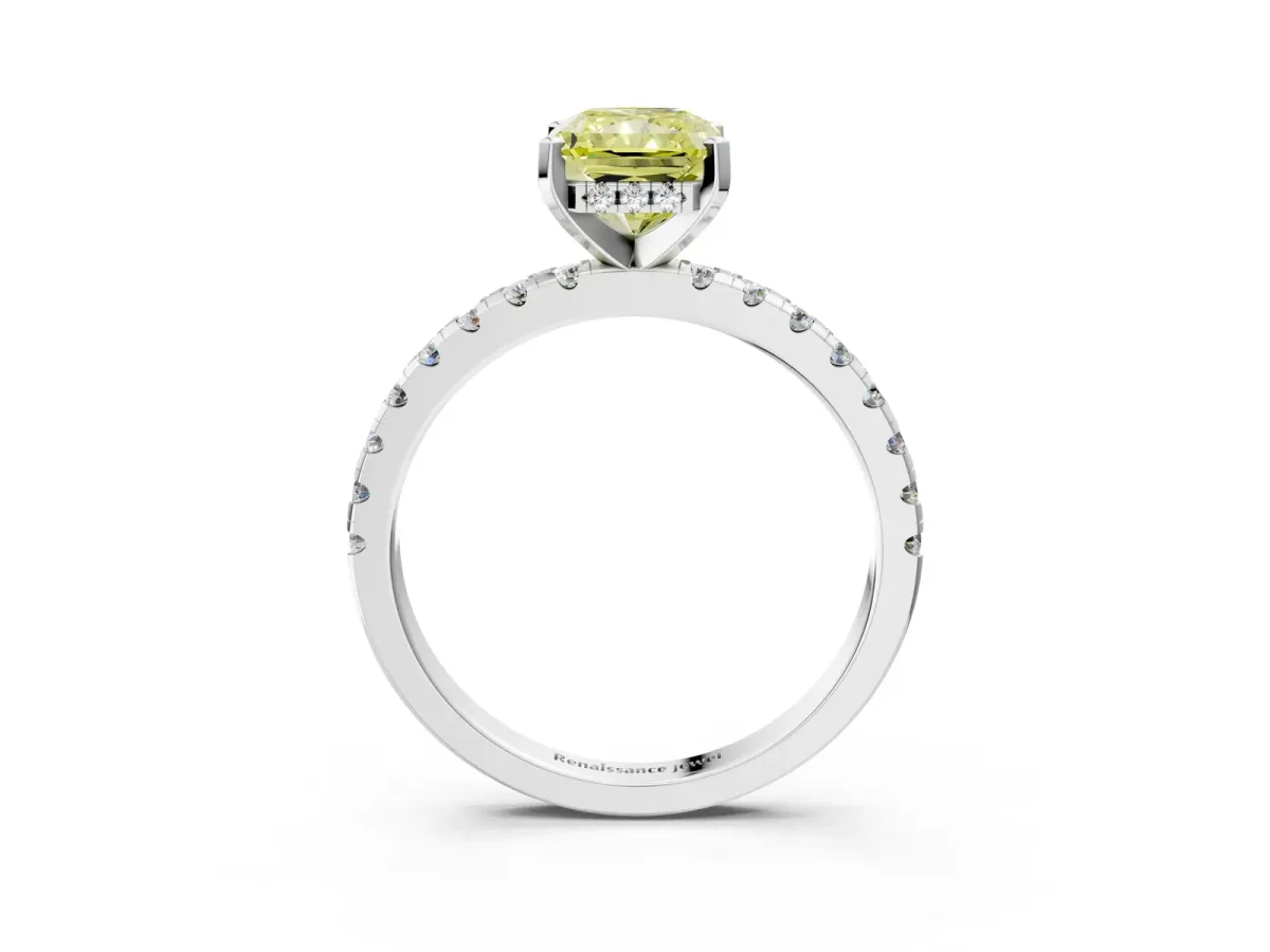 Fancy Yellow Radiant Cut Diamond Solitaire Ring with Round Pavé Band and Four-Prong Setting Silver