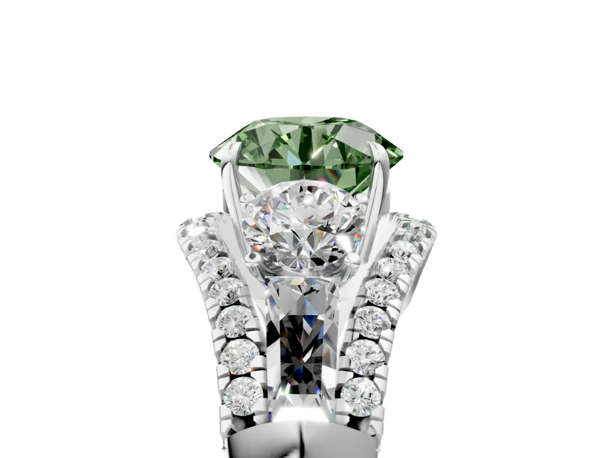 Fancy Green Three-Stone Round Cut Diamond Engagement Ring with Pave Band and Prong Setting Platinum