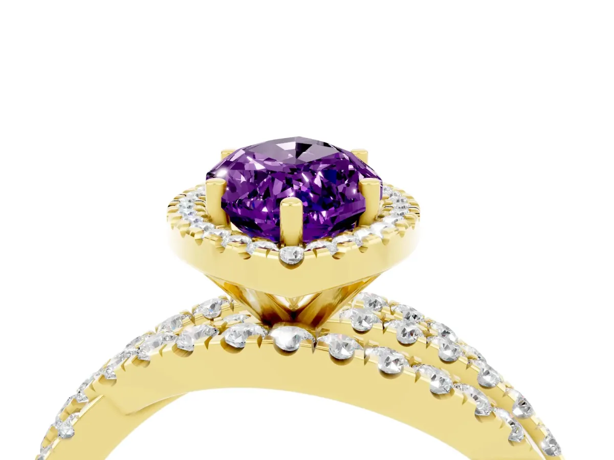 Marquise Cut Amethyst Halo Ring with Round Split Shank and Prong Setting Yellow gold