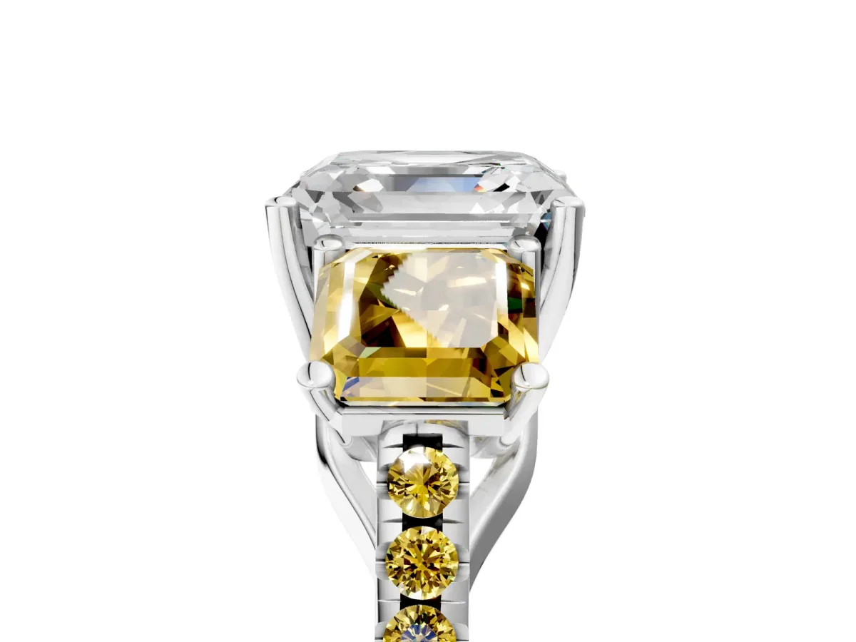 Three-Stone Asscher Cut Diamond Ring with Round Yellow Sapphire Pavé Band and Prong Setting Silver