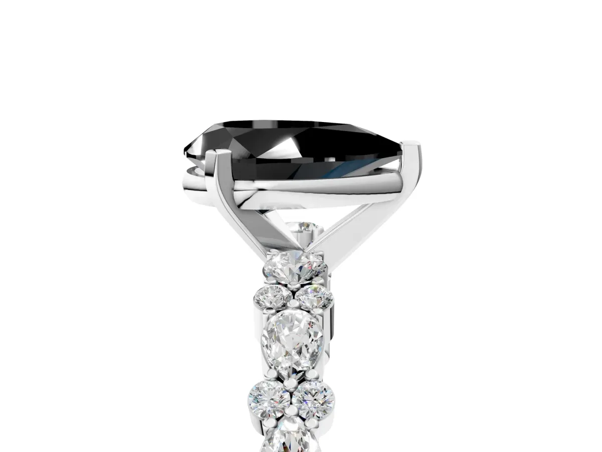 Fancy Black Pear Cut Diamond Side Stone Solitaire Ring with Round and Four-Prong Setting White gold