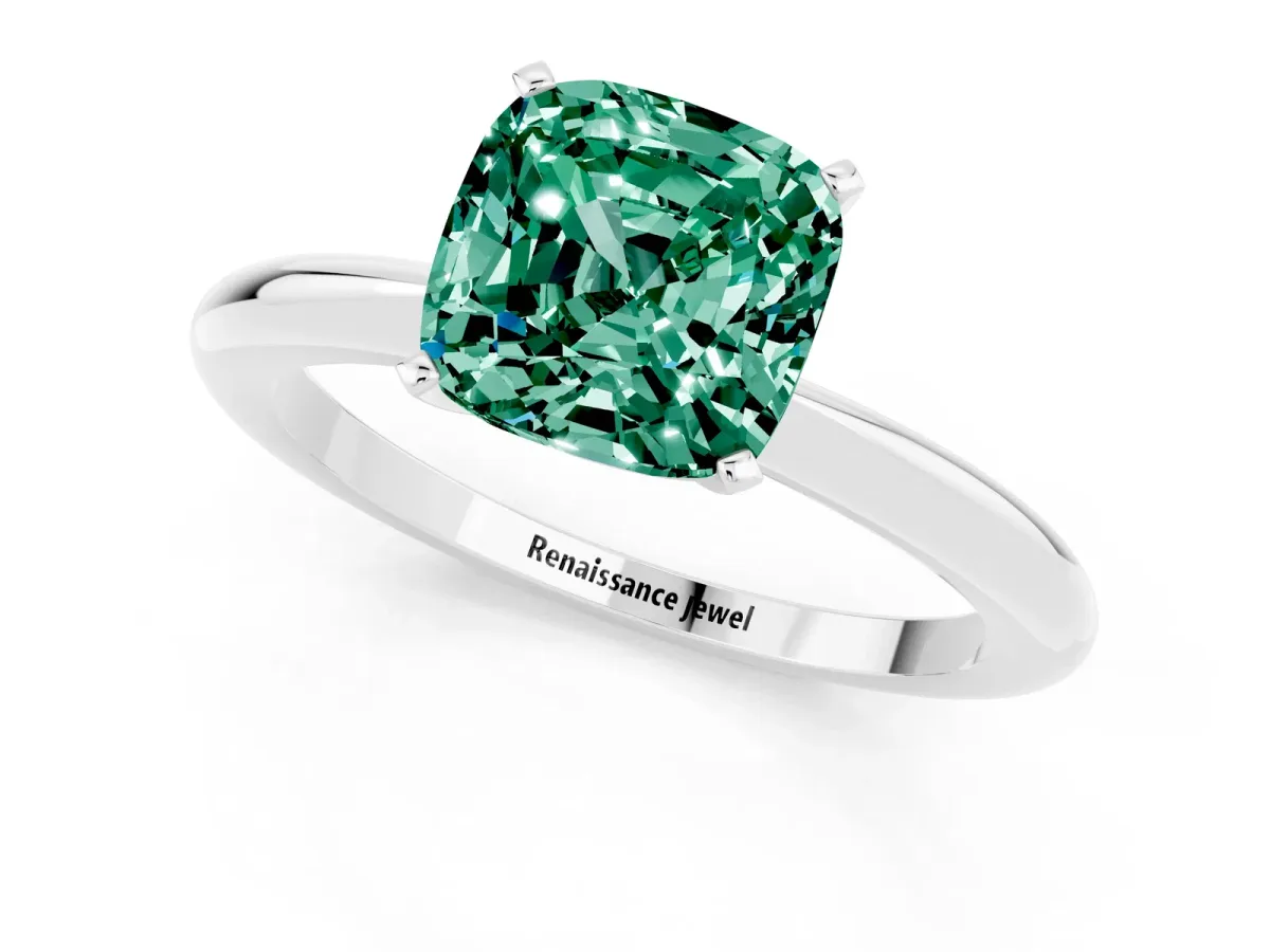 Cushion Cut Green Sapphire Solitaire Ring with Six-Prong Setting and Classic Band Silver