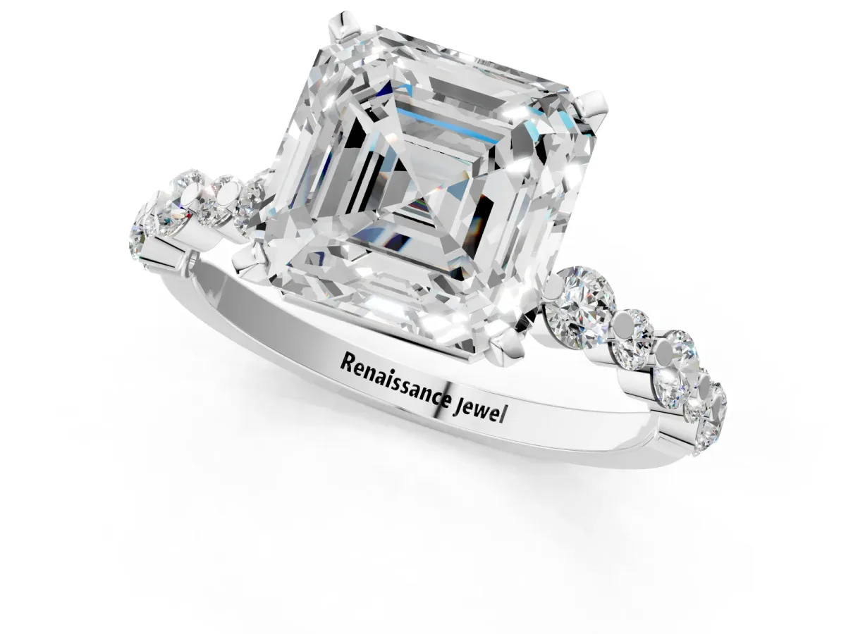 Asscher Cut Diamond Prong Set Engagement Ring with Pavé Band Platinum
