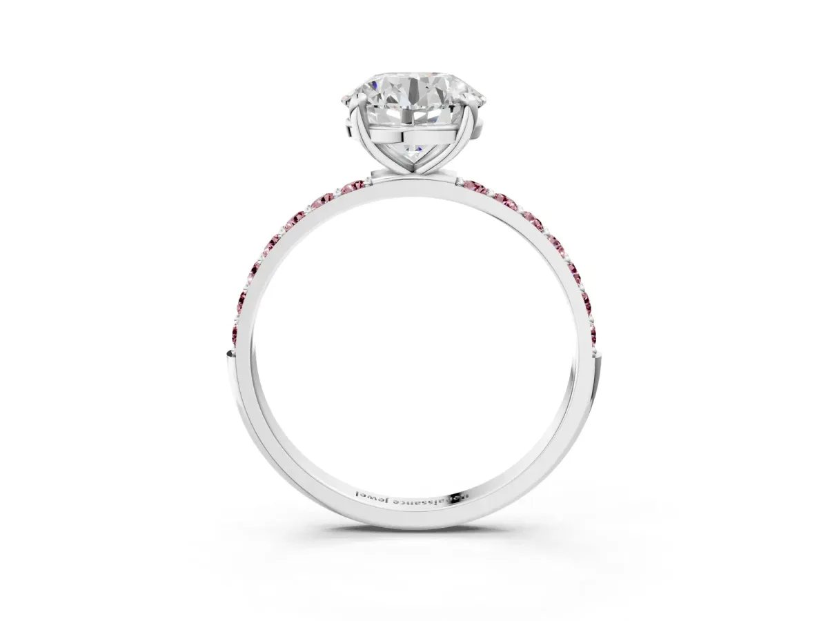 Round Cut Diamond Solitaire Ring with Round Morganite Pavé Band and Prong Setting Silver