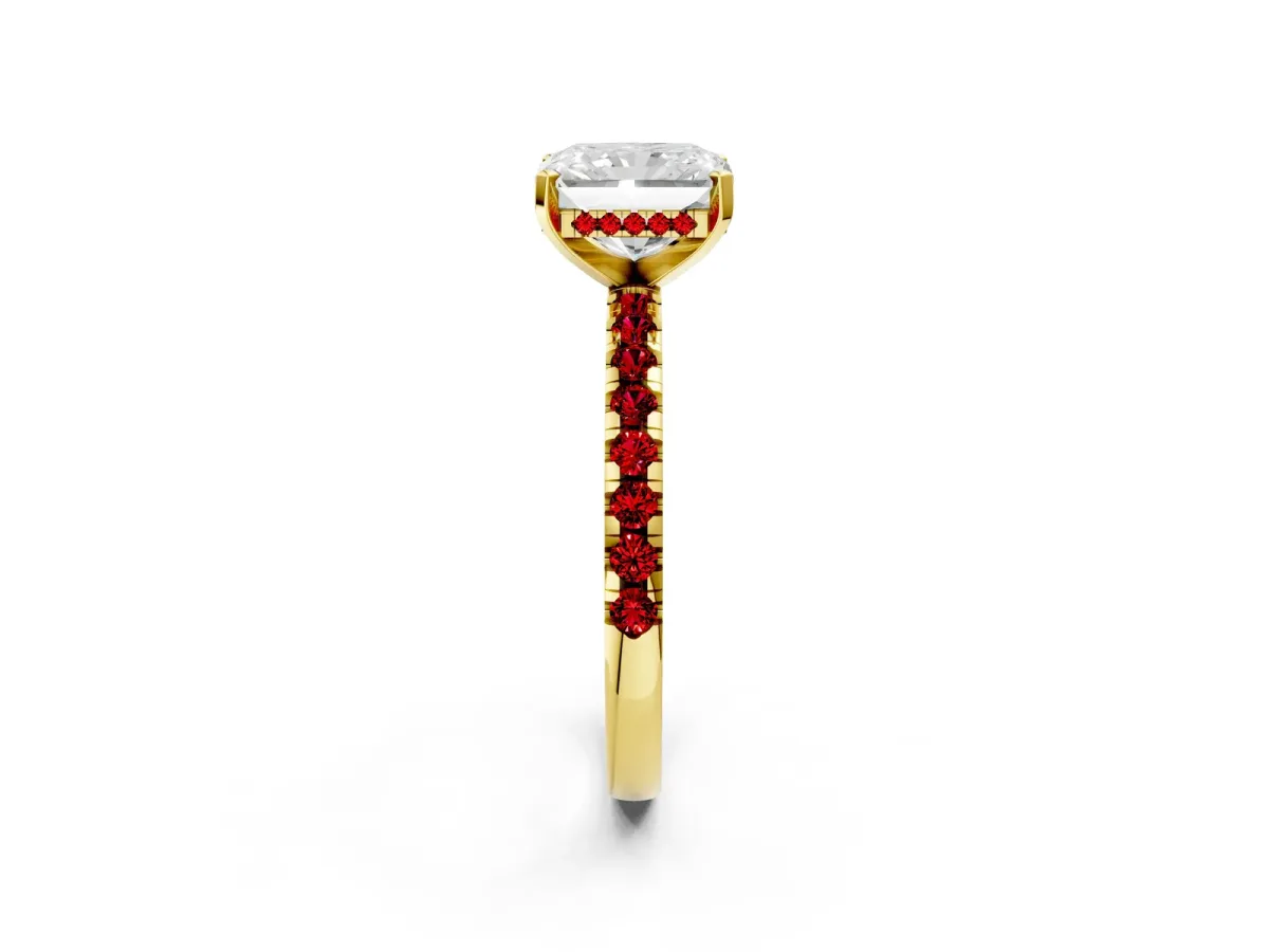 Radiant Cut Diamond Solitaire Ring with Round Ruby Pavé Band and Four-Prong Setting Yellow gold