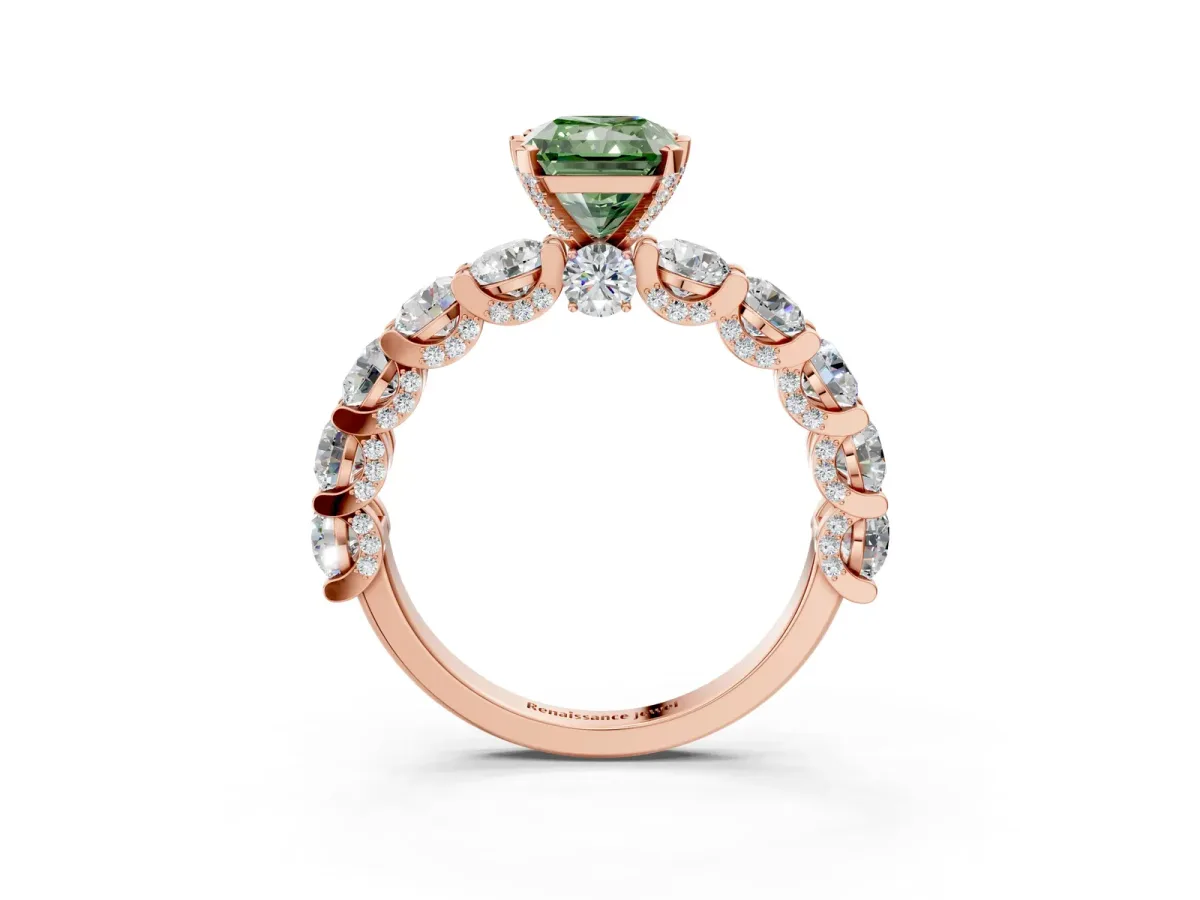 Fancy Green Radiant Cut Diamond Side Stone Engagement Ring with Four-Prong Setting Rose gold