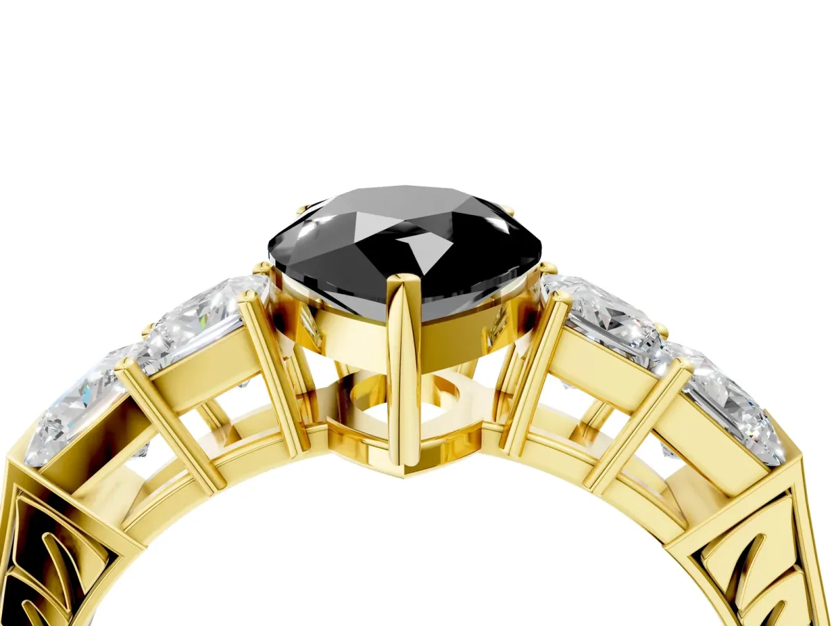 Fancy Black Pear Cut Solitaire Princess Side Stone Engraved Band Prong Setting Ring Yellow gold