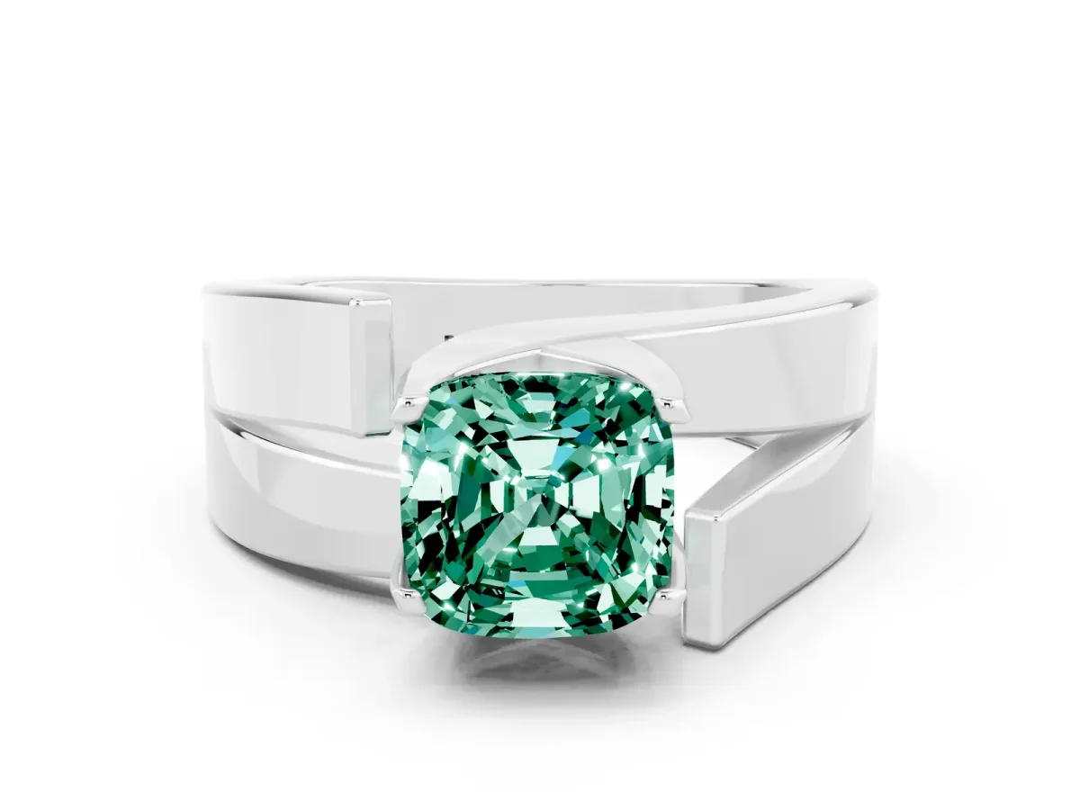 Modern Tension Set Cushion Cut Green Sapphire Solitaire Wide Band Ring Silver