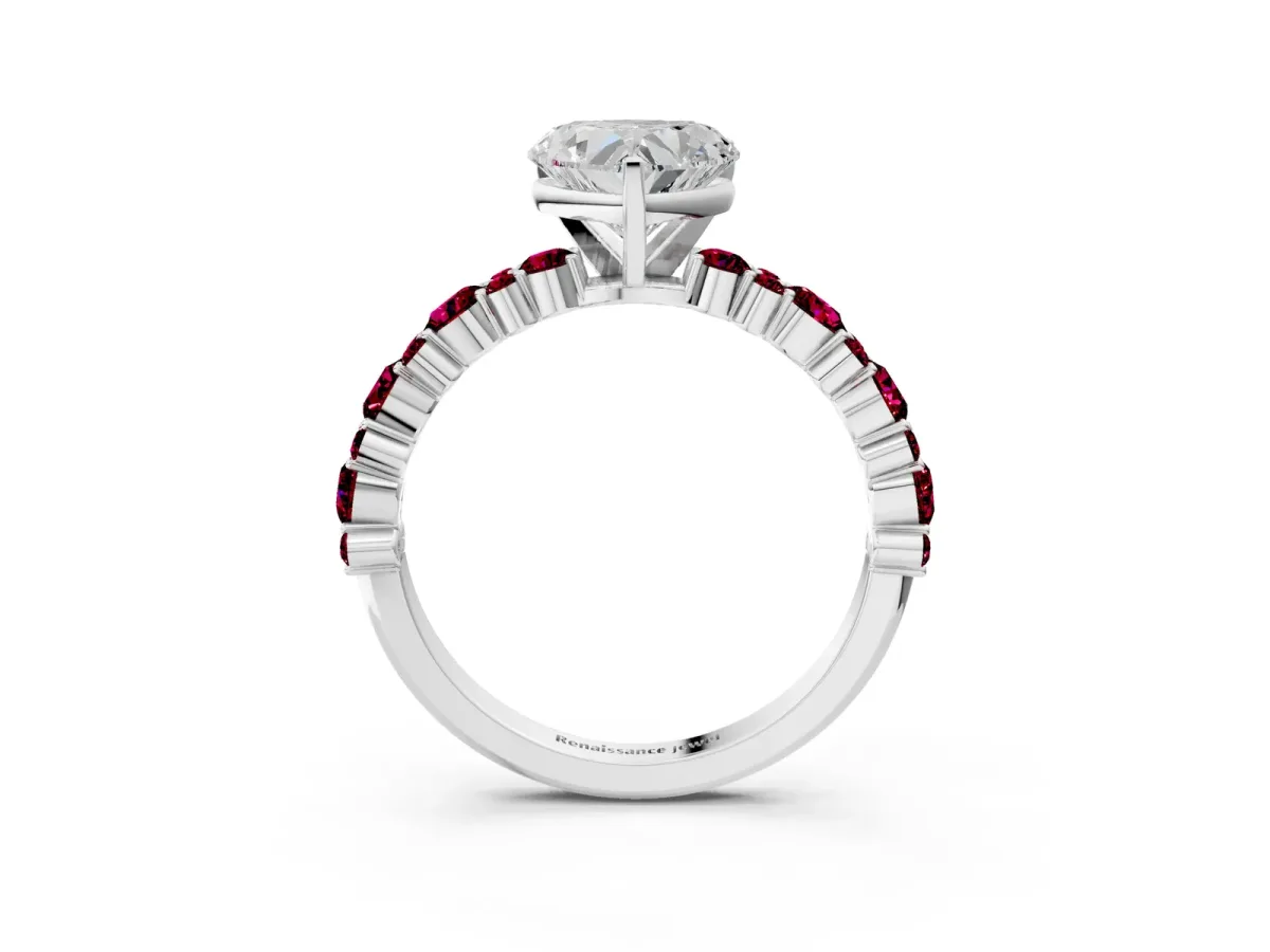Heart Cut Diamond Side Stone Solitaire Ring with Round Garnet and Four-Prong Setting Platinum