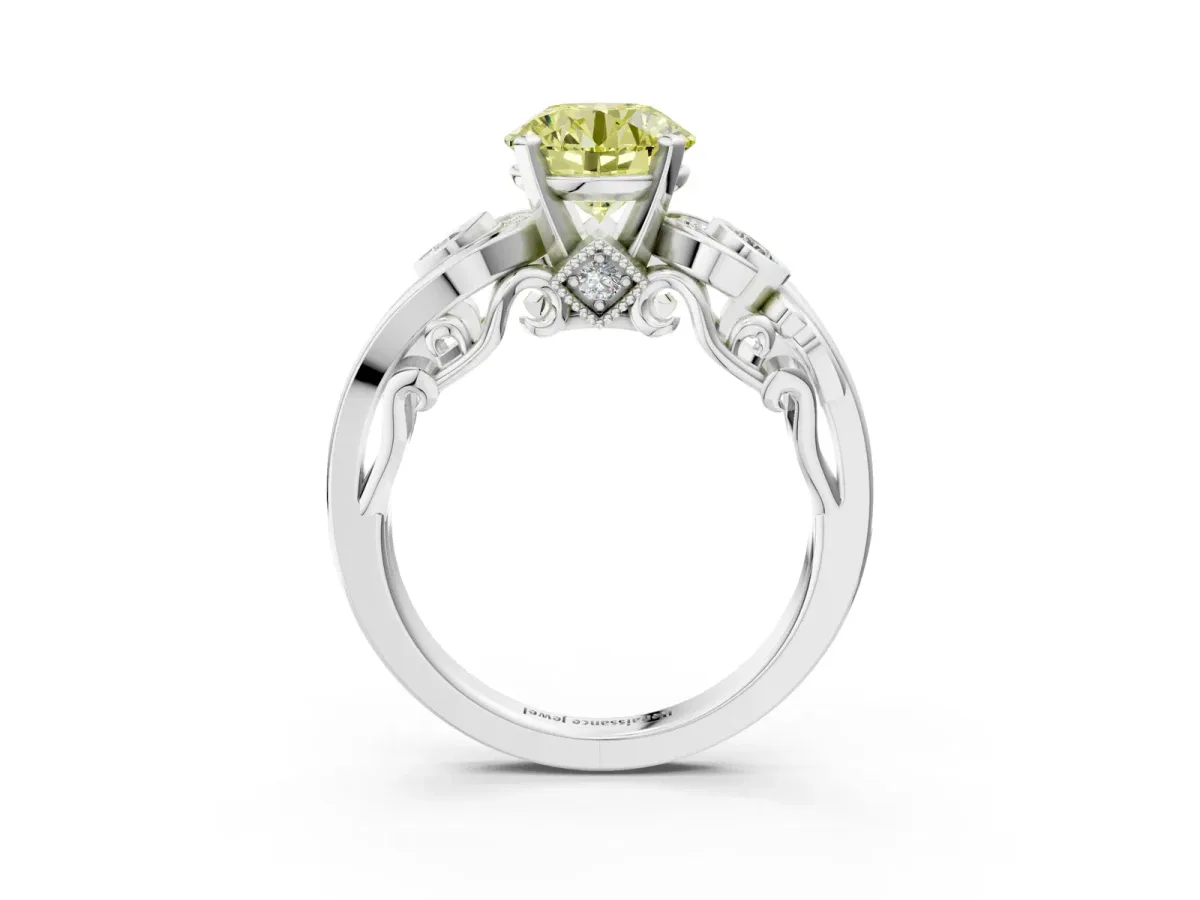Fancy Yellow Round Cut Diamond Solitaire Ring with Milgrain Pavé Band and Four-Prong Setting Silver