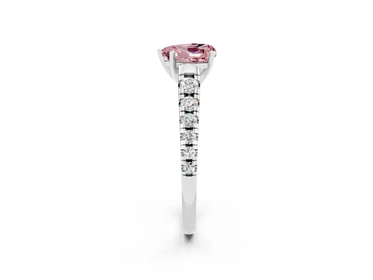 Heart Cut Morganite Cathedral Solitaire Ring with Round Pavé Band Silver