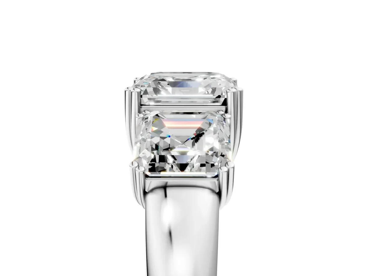 Three-Stone Asscher Cut Cut Diamond Ring with Channel Set Band and Four-Prong Setting White gold