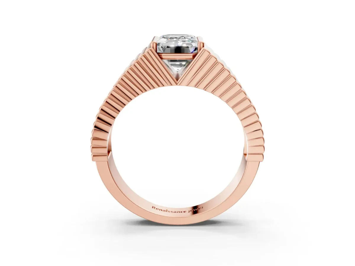Emerald Cut Diamond Fluted Mens Ring Rose gold