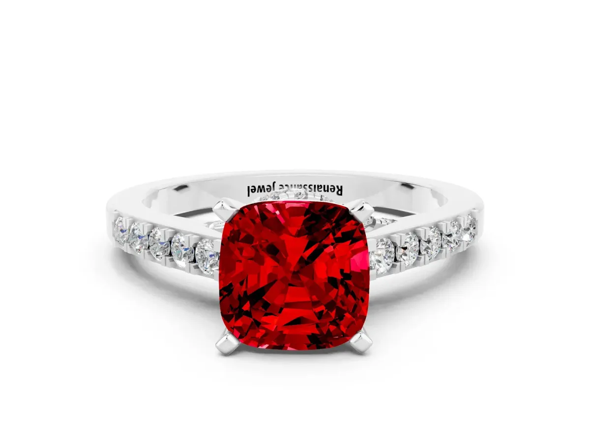 Cushion Cut Ruby Solitaire Ring with Crossover Gallery and Round Pavé Band Silver