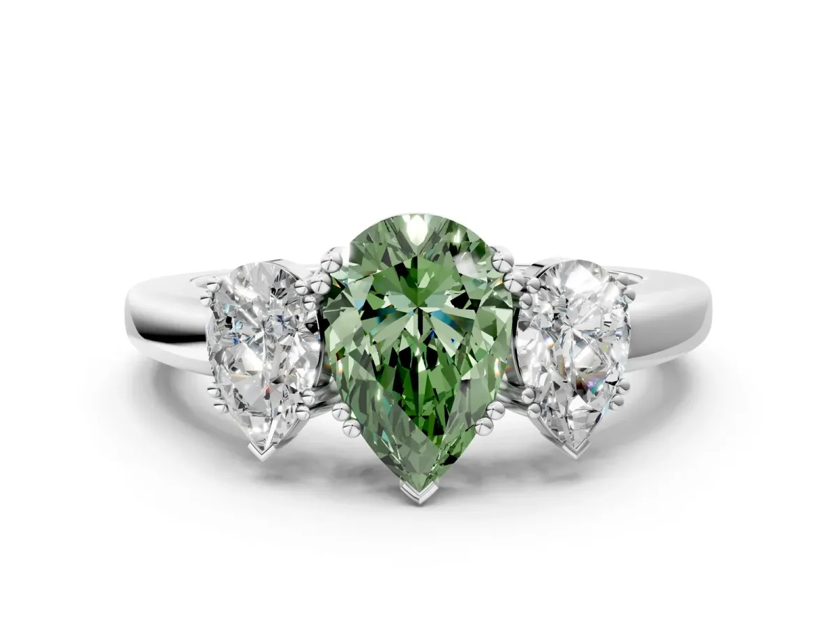 Fancy Green Three-Stone Pear Cut Cut Diamond Ring with Channel Set Band and Four-Prong Setting Silver
