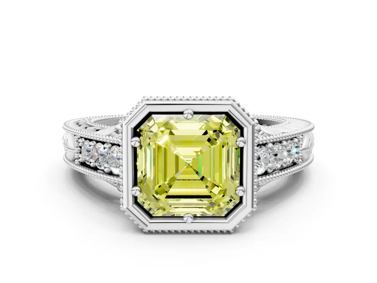 Fancy Yellow Bezel Set Asscher Cut Diamond Milgrain Pave Engagement Ring Platinum