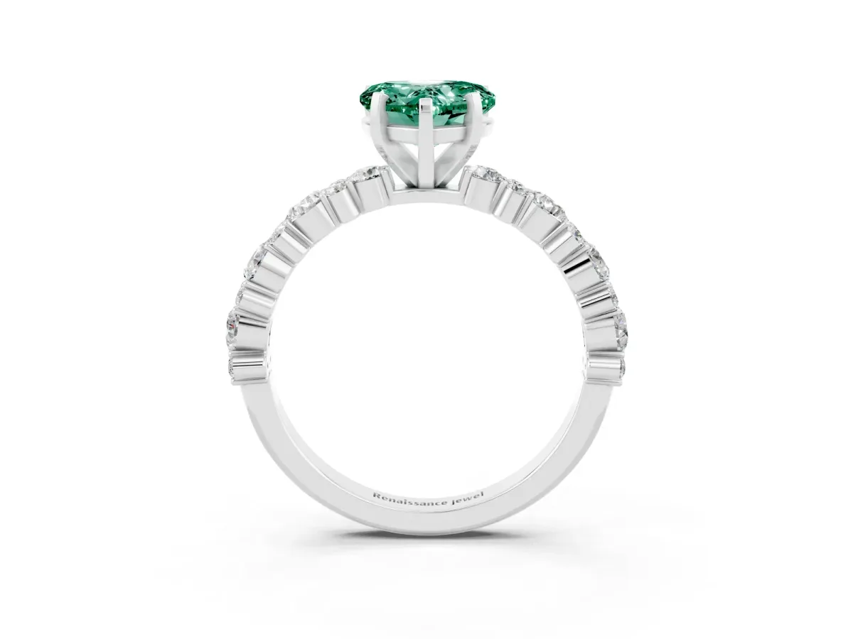 Heart Cut Green Sapphire Side Stone Solitaire Ring with Round and Four-Prong Setting Silver