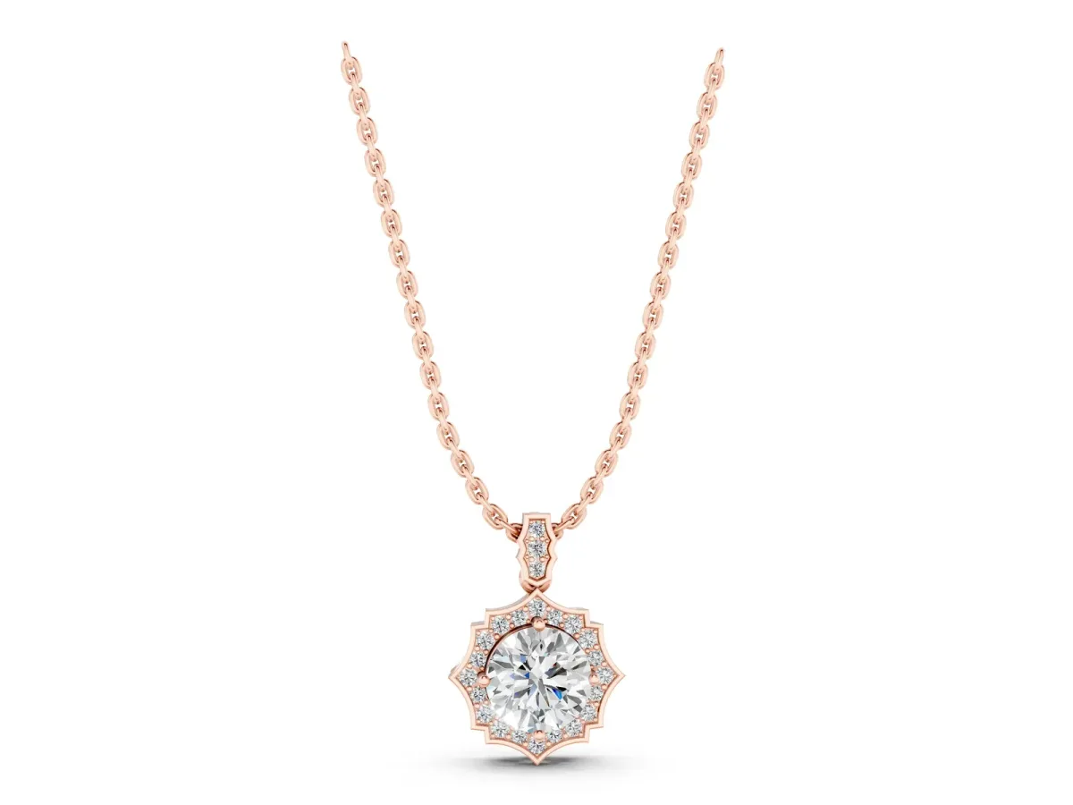 Round Diamond Halo Pendant with Milgrain Prong Setting Rose gold