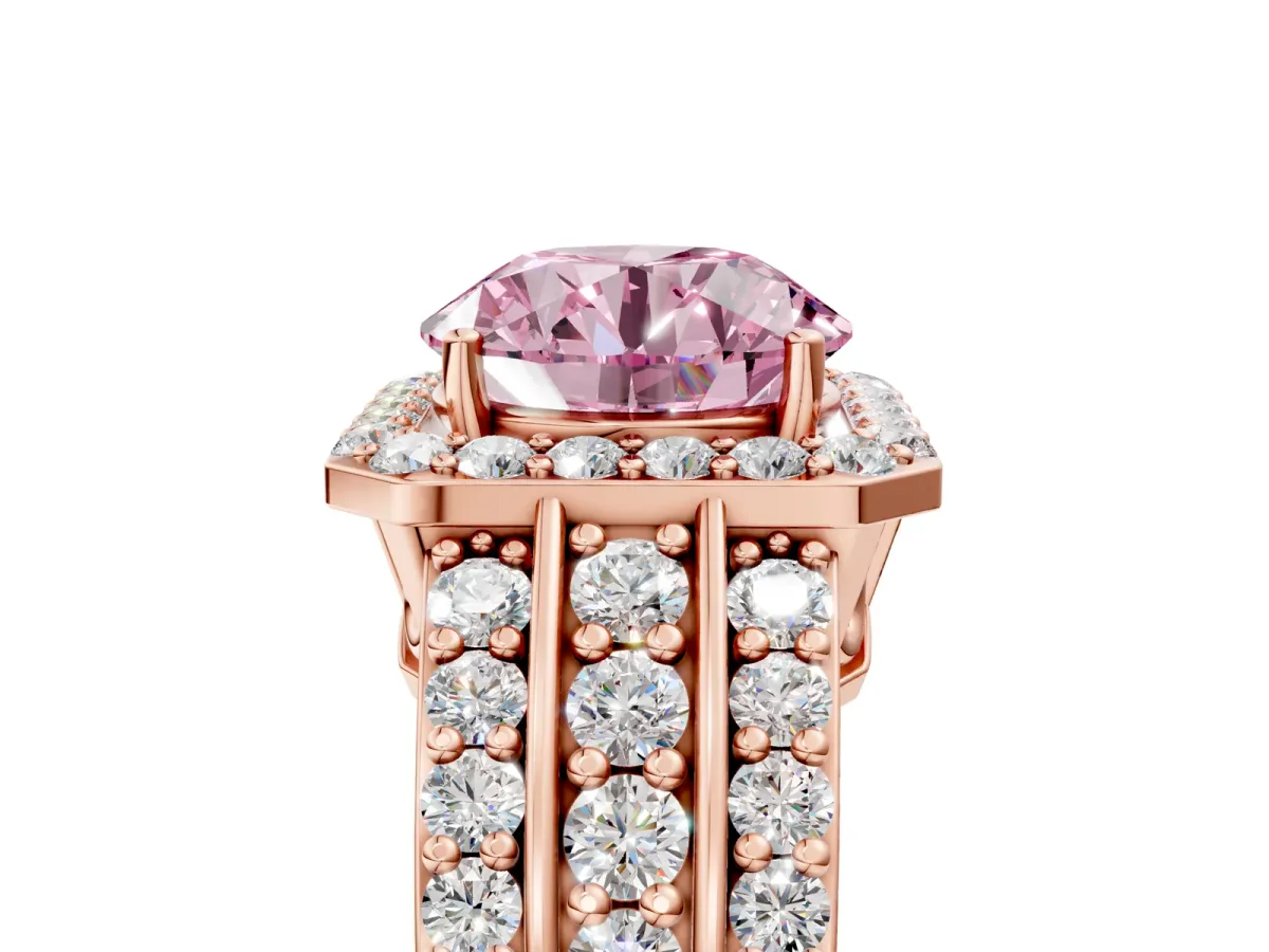 Fancy Pink Round Cut Halo Diamond Ring with Round Split Shank and Prong Setting Rose gold