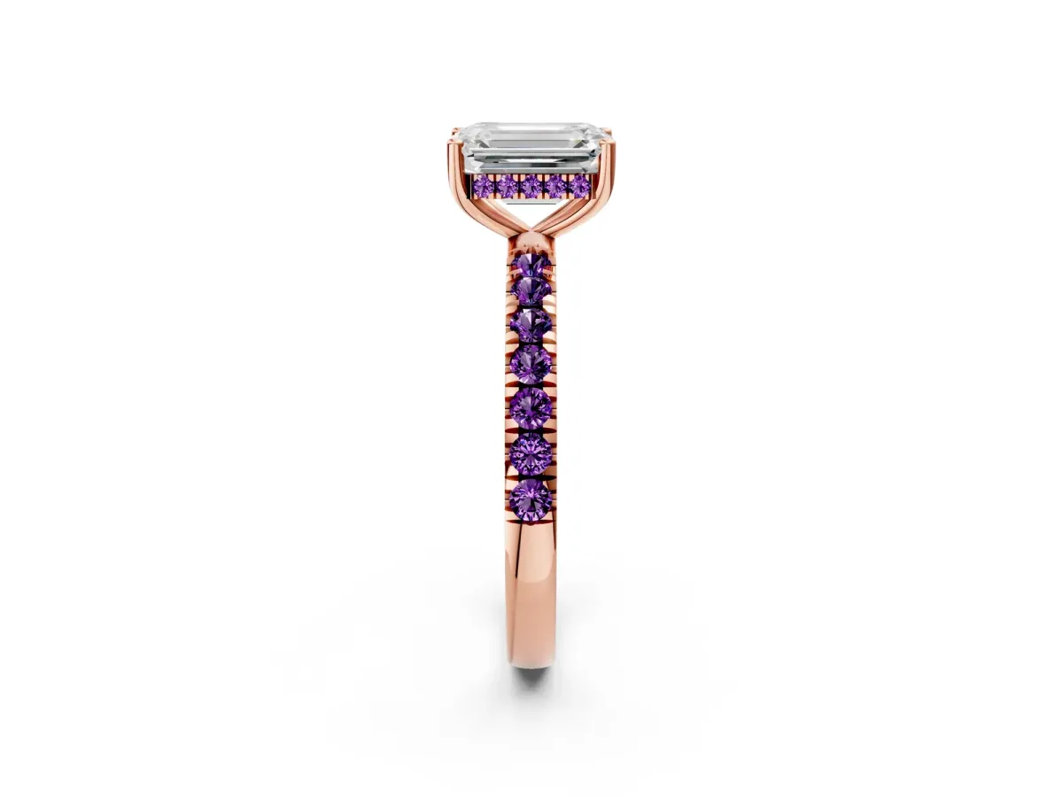 Emerald Cut Diamond Pave Band Solitaire Ring with Round Amethyst and Prong Setting Rose gold