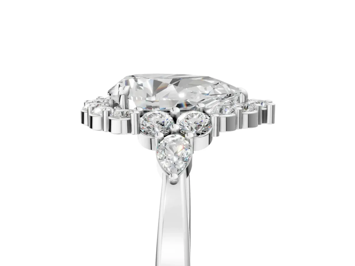 Pear Cut Diamond Halo Ring with Pear Side Stones and Prong Setting White gold