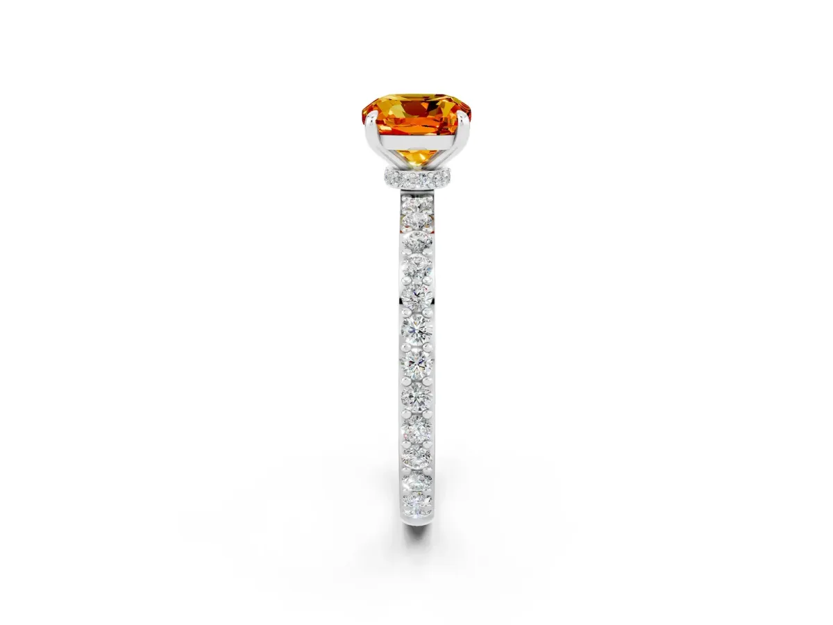 Cushion Cut Citrine Solitaire Engagement Ring with Pavé Band and Four-Prong Setting Silver