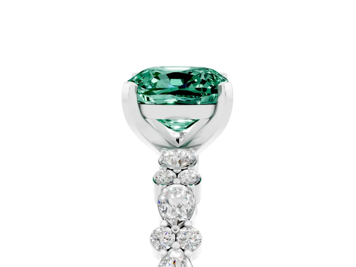 Cushion Cut Green Sapphire Side Stone Solitaire Ring with Round and Four-Prong Setting Silver