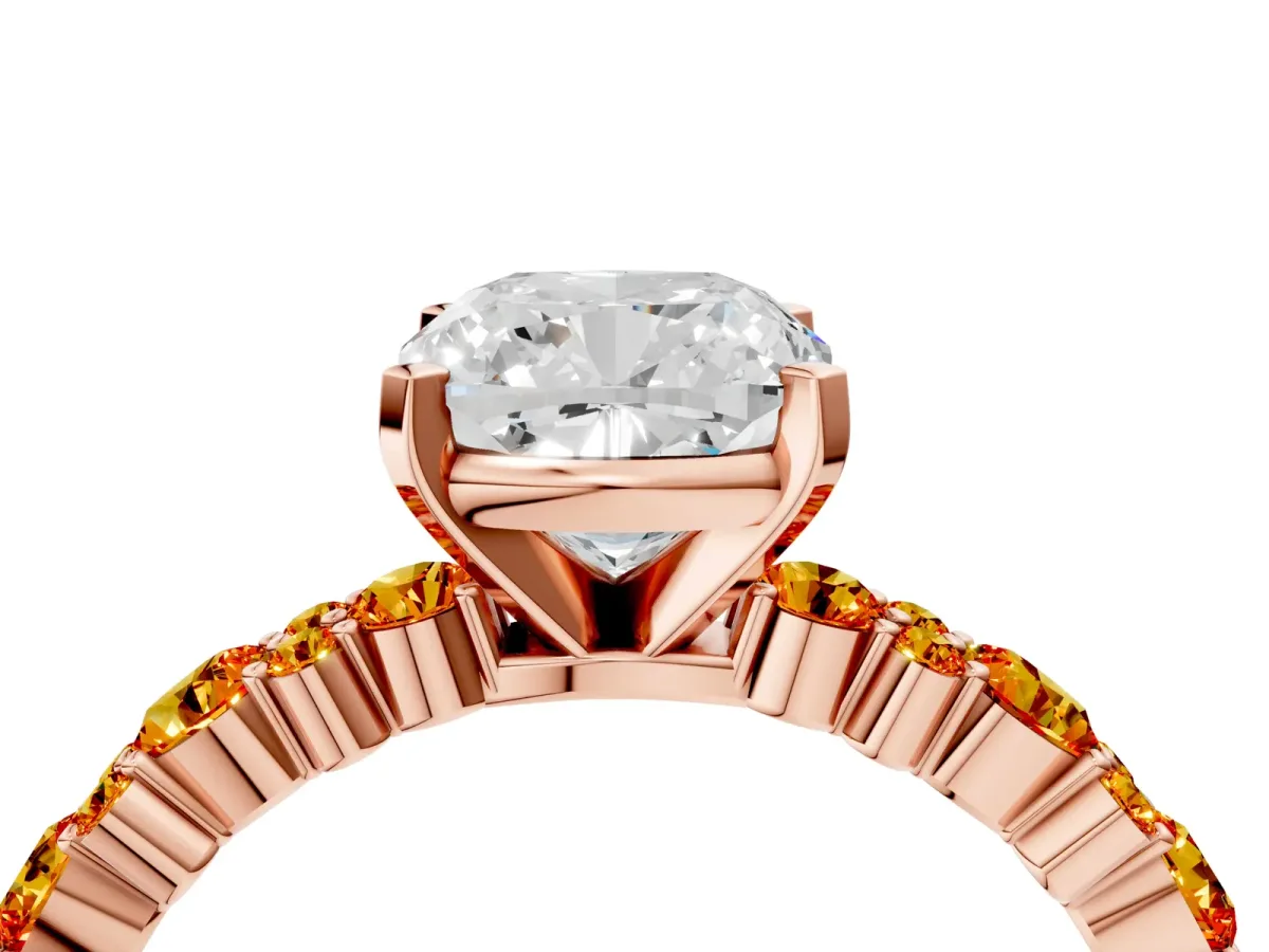 Cushion Cut Diamond Side Stone Solitaire Ring with Round Citrine and Four-Prong Setting Rose gold