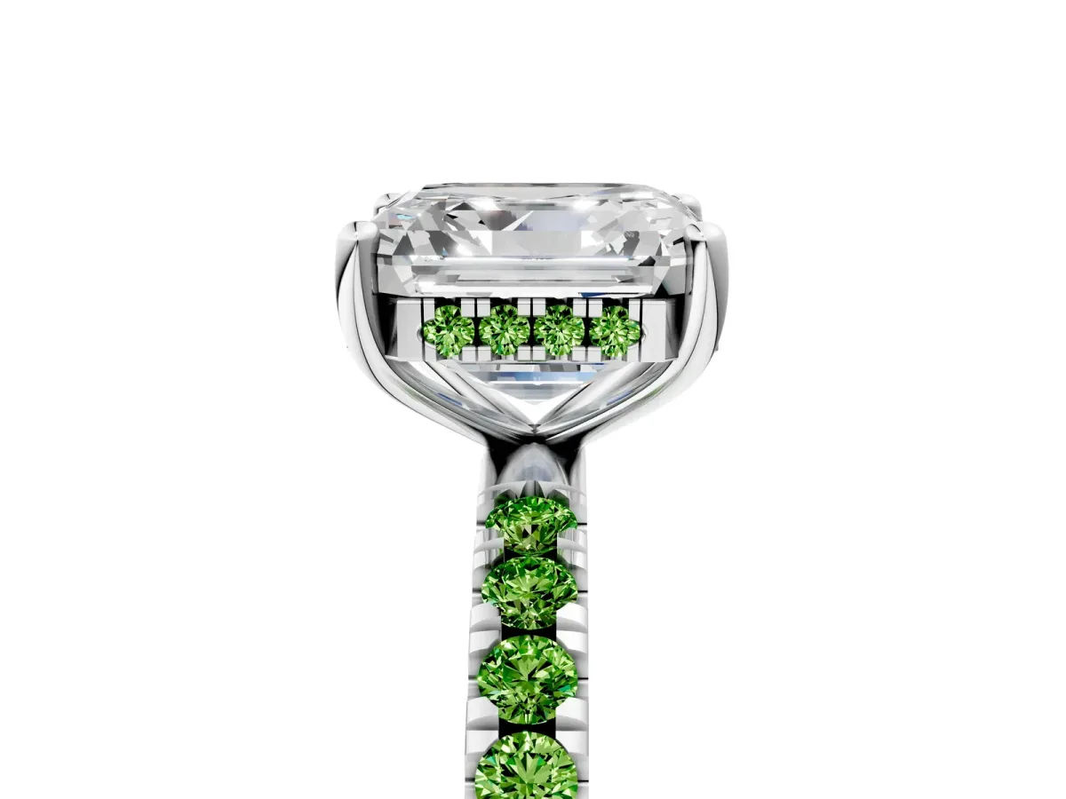Asscher Cut Diamond Pave Band Solitaire Ring with Round Peridot and Prong Setting Silver